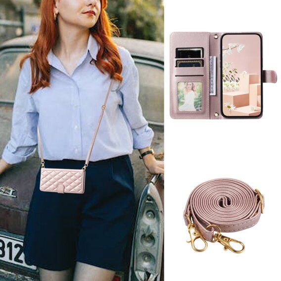 Калъф с капак за Xiaomi Redmi Note 13 Pro 4G, Rhombus Crossbody Leather, розов rose gold