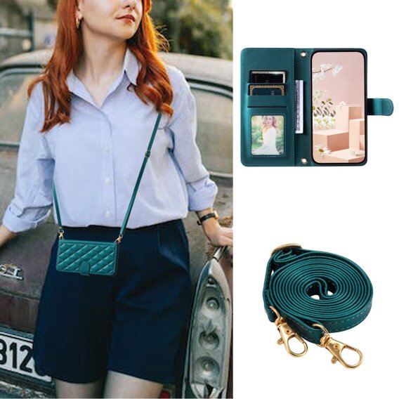 Калъф с капак за Xiaomi Redmi Note 13 Pro 4G, Rhombus Crossbody Leather, тъмнозелен