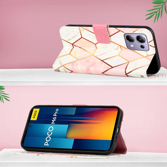 Калъф с капак за Xiaomi Redmi Note 13 Pro 4G, Wallet, Marble розов