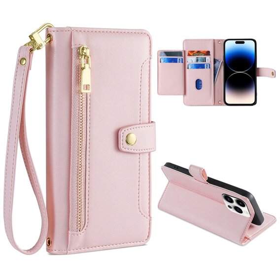 Калъф с капак за iPhone 14 Pro, Wallet Zipper Pocket, розов