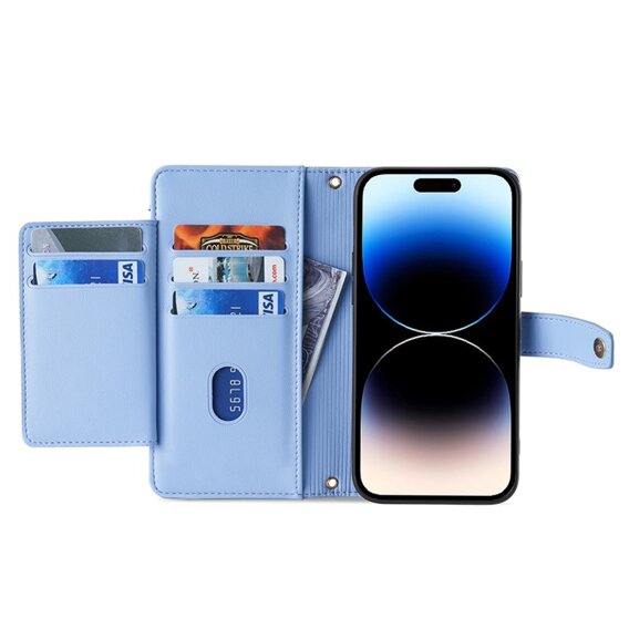 Калъф с капак за iPhone 14 Pro, Wallet Zipper Pocket, син