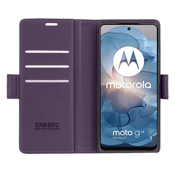 Калъф за Motorola Moto G24 / Moto G04, ERBORD Glossy Litchi, портфейл с капак, лилав