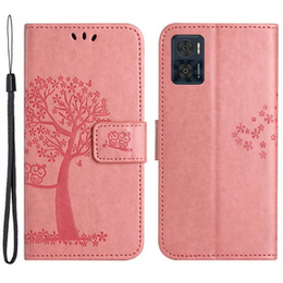 Калъф с капак за Motorola Moto E22 / E22i, Wallet, tree i sowy, розов