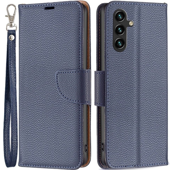 Калъф с капак за Samsung Galaxy A15, Wallet Litchi Leather, син + 9H стъкло