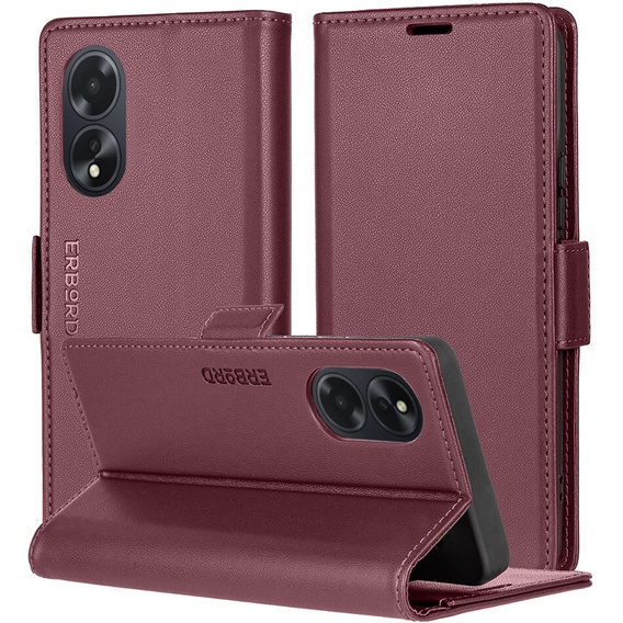Калъф за Oppo A60, ERBORD Glossy Litchi, портфейл с капак, червен