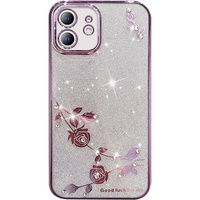 Калъф за iPhone 12, Glitter Flower, лилав