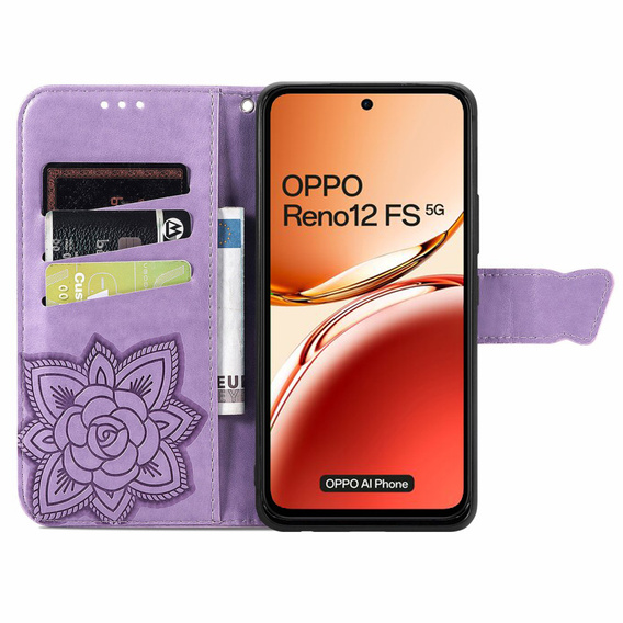 Калъф с капак за Oppo Reno 12FS / 12F, Butterfly, лилав