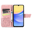 Калъф с капак за Samsung Galaxy A15, Butterfly Flower, розов rose gold + 9H стъкло  