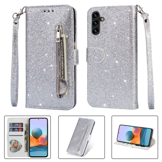 Калъф с капак за Samsung Galaxy A55, Wallet Zipper Pocket Glittery, сребърен