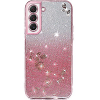 Калъф за Samsung Galaxy S22+ Plus, Glitter Flower, розов rose gold