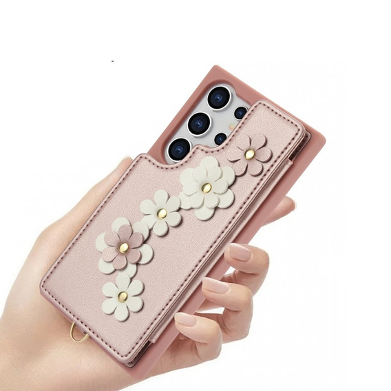 Калъфът за Samsung Galaxy S25 Ultra, Leather Flower Card Slot, розов