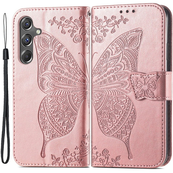 Калъф с капак за Samsung Galaxy A15, Butterfly Flower, розов rose gold + 9H стъкло  