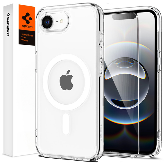 Калъфът MagSafe Spigen за iPhone 16E, Ultra Hybrid, прозрачен / бял + 9H закалено стъкло
