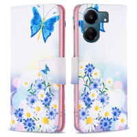 Калъф с капак за Xiaomi Redmi 13C / Poco C65, Wallet, butterfly & flowers, бял