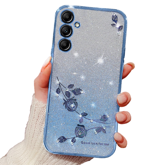 Калъф за Samsung Galaxy A15, Glitter Flower, син + 9H стъкло 