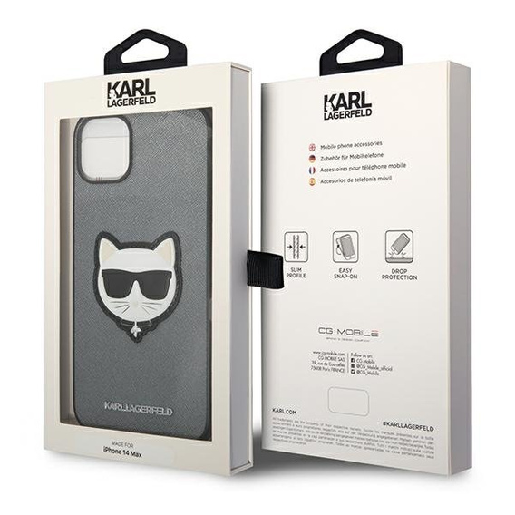 Калъфи Karl Lagerfeld за iPhone 14 Plus, Saffiano Choupette Head Patch, сребърен