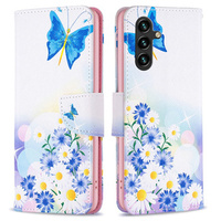 Калъф с капак за Samsung Galaxy A55 5G, Wallet, Butterfly & Flowers, бял