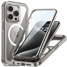 Калъфът за iPhone 15 Pro Max, Armoured Full Protect 360° към MagSafe, екранно стъкло, сив