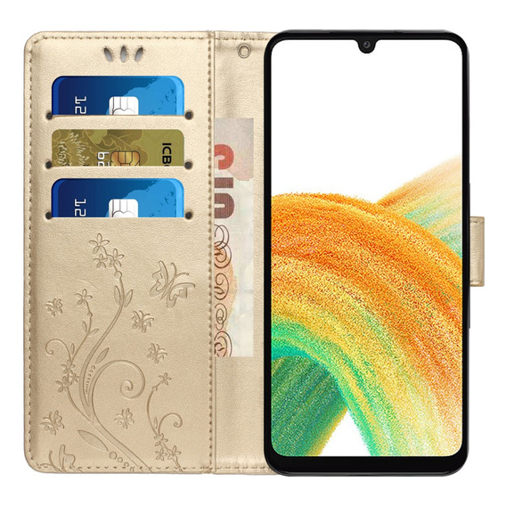 Калъф с капак за Samsung Galaxy A25 5G, Butterfly, златен + 9H стъкло 
