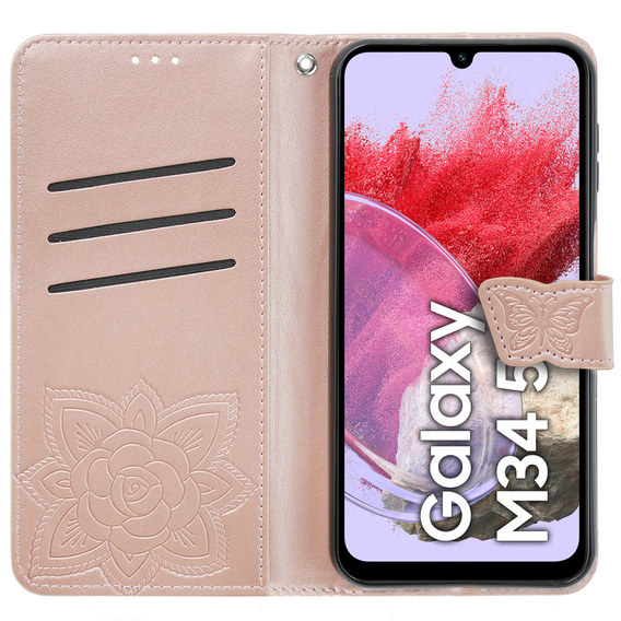 Калъф с капак за Samsung Galaxy M34 5G, Butterfly, розов rose gold