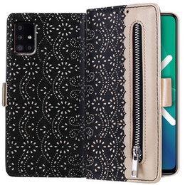 Калъф с капак за Samsung Galaxy A51 5G, Wallet Pocket Zipper Lace, черен