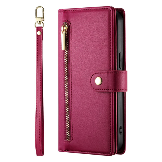 Калъф с капак за Samsung Galaxy S25, Wallet Zipper Pocket, червен