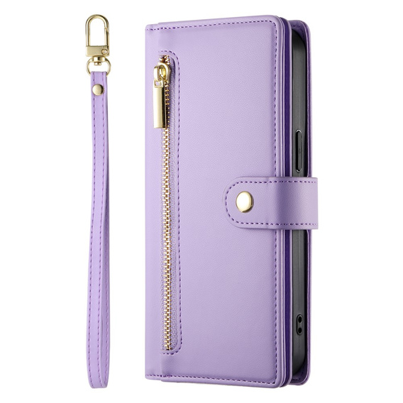 Калъф с капак за iPhone 16 Plus, Wallet Zipper Pocket, лилав