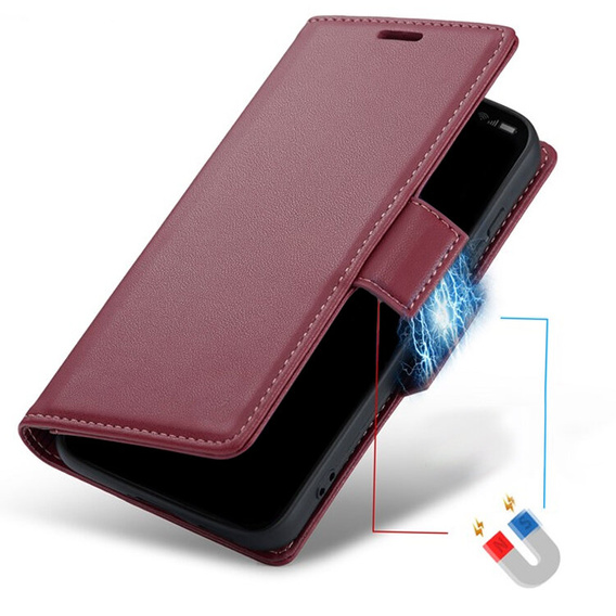 Калъф за Oppo Reno 12, ERBORD Glossy Litchi, портфейл с капак, червен