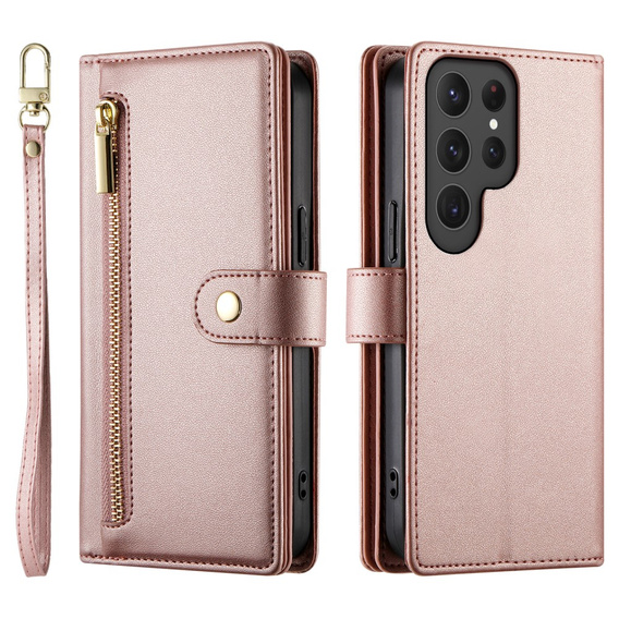 Калъф с капак за Samsung Galaxy S25 Ultra, Wallet Zipper Pocket, розов