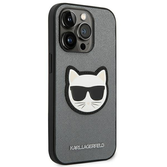 Калъфи Karl Lagerfeld за iPhone 14 Pro Max, Saffiano Choupette Head Patch, сребърен