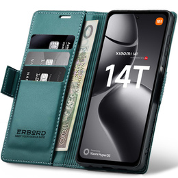 Калъф за Xiaomi 14T, ERBORD Glossy Litchi, портфейл с капак, зелен