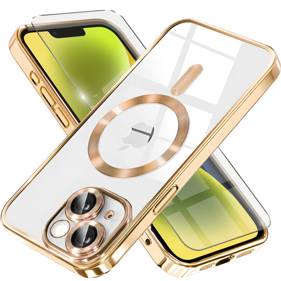 Калъф за iPhone 14 Plus, Electro MagSafe, златен + стъкло за екран