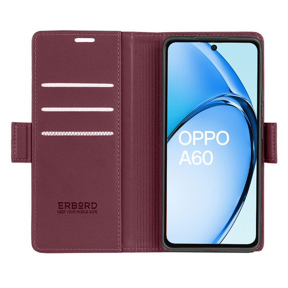 Калъф за Oppo A60, ERBORD Glossy Litchi, портфейл с капак, червен