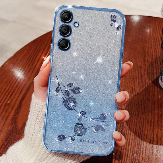 Калъф за Samsung Galaxy A15, Glitter Flower, син + 9H стъкло 