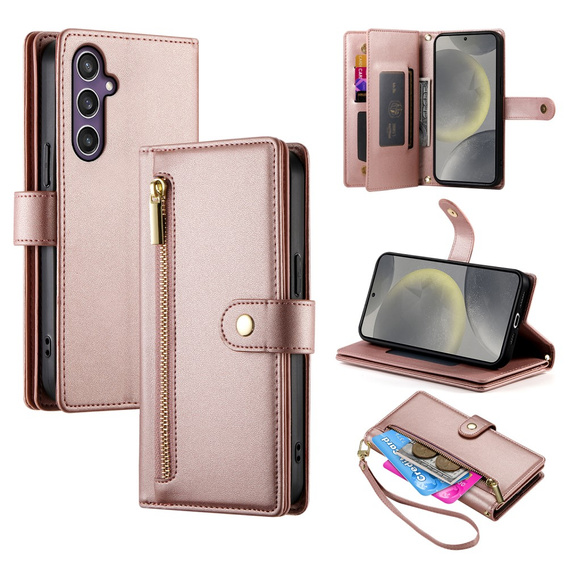 Калъф с капак за Samsung Galaxy S25, Wallet Zipper Pocket, розов