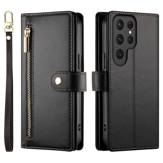 Калъф с капак за Samsung Galaxy S25 Ultra, Wallet Zipper Pocket, черен