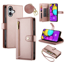 Калъф с капак за iPhone 16, Wallet Zipper Pocket, розов