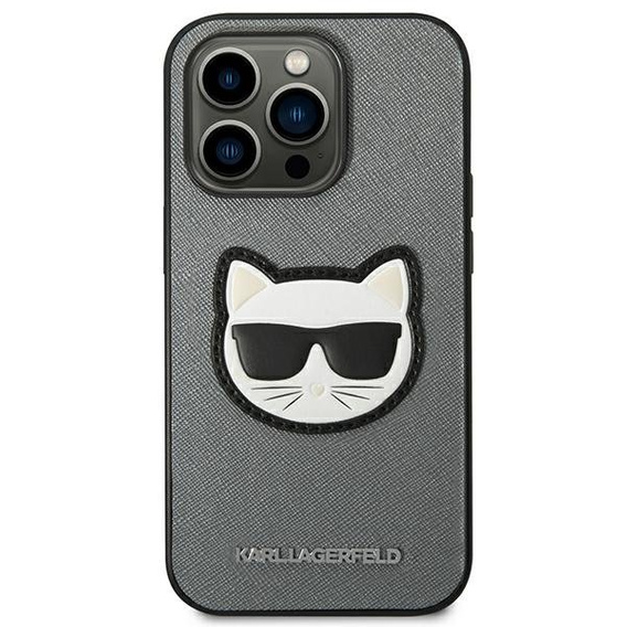 Калъфи Karl Lagerfeld за iPhone 14 Pro Max, Saffiano Choupette Head Patch, сребърен