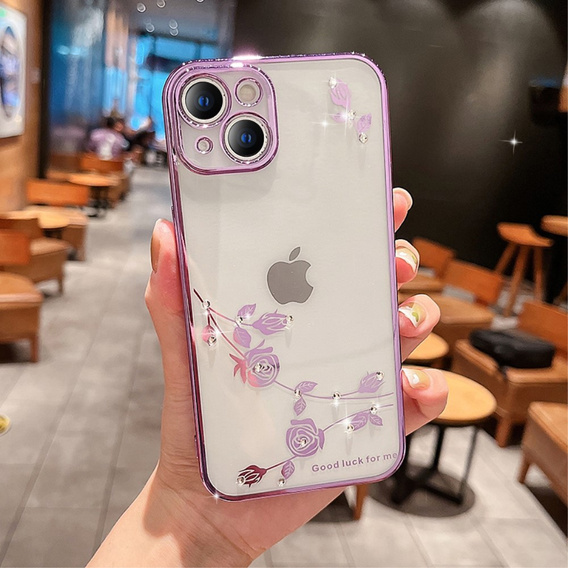 Калъф за iPhone 15, Glitter Flower, лилав