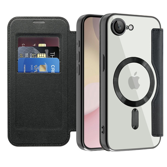 Калъф с капак за iPhone 16E, RFID Wallet MagSafe CamShield, черен
