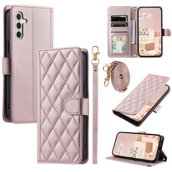 Калъф с капак за Samsung Galaxy S25, Rhombus Crossbody Leather, розов rose gold