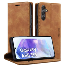 Калъф за Samsung Galaxy A55, ERBORD Vintage, кафяв + стъкло за екран