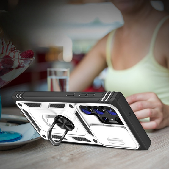 Брониран калъф за Samsung Galaxy S23 Ultra, CamShield Slide, бял / черен