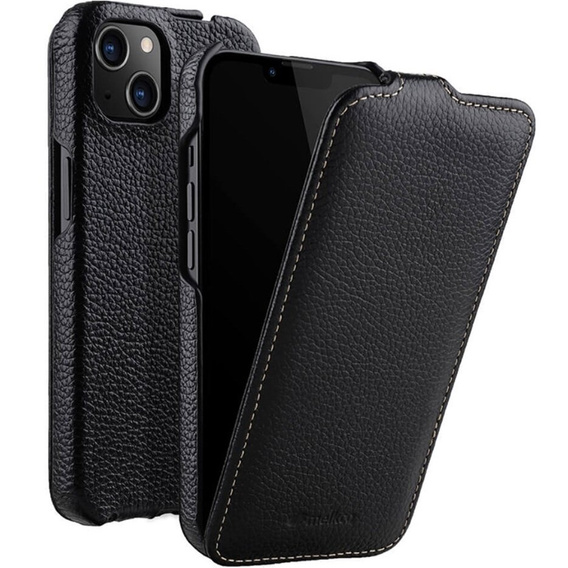 MELKCO калъф за iPhone 13, кожа, флип, черен