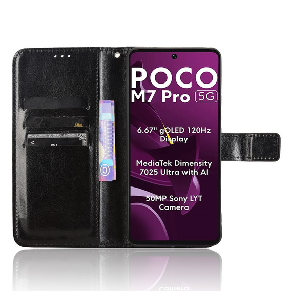 Калъф с капак за Xiaomi Poco M7 Pro 5G, Crazy Horse Wallet, черен