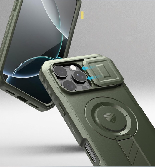 Брониран калъф за iPhone 16 Pro Max, Dexnor CamProtect MagSafe, зелен (Две рамки)