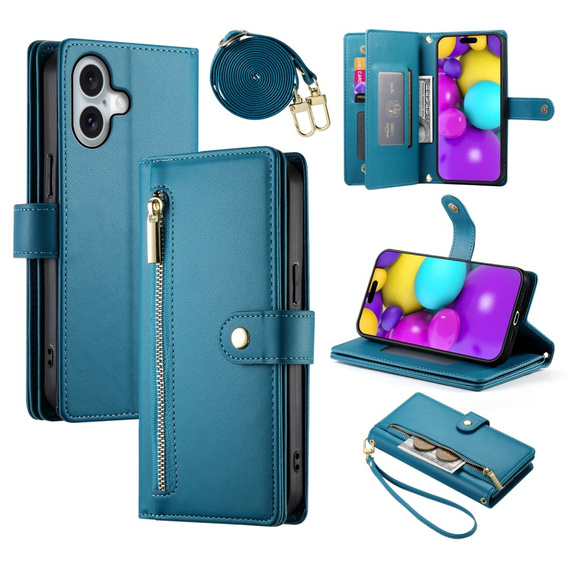 Калъф с капак за iPhone 16, Wallet Zipper Pocket, син