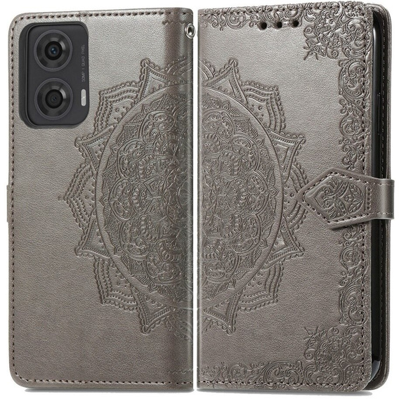 Калъф с капак за Motorola Moto E14, Mandala, сив