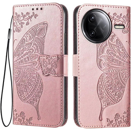 Калъф с капак за Xiaomi Poco F7 Pro, Butterfly, розов rose gold
