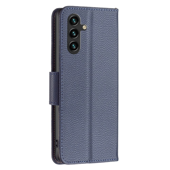 Калъф с капак за Samsung Galaxy A15, Wallet Litchi Leather, син + 9H стъкло